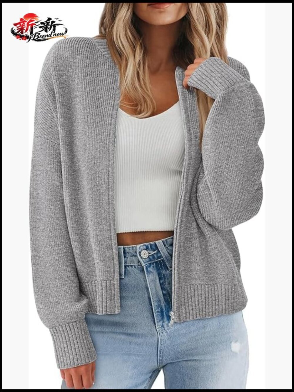 Chunky Knit Open Front Cardigan Women Short Zip Up Loose Fit Ribbed Crewneck